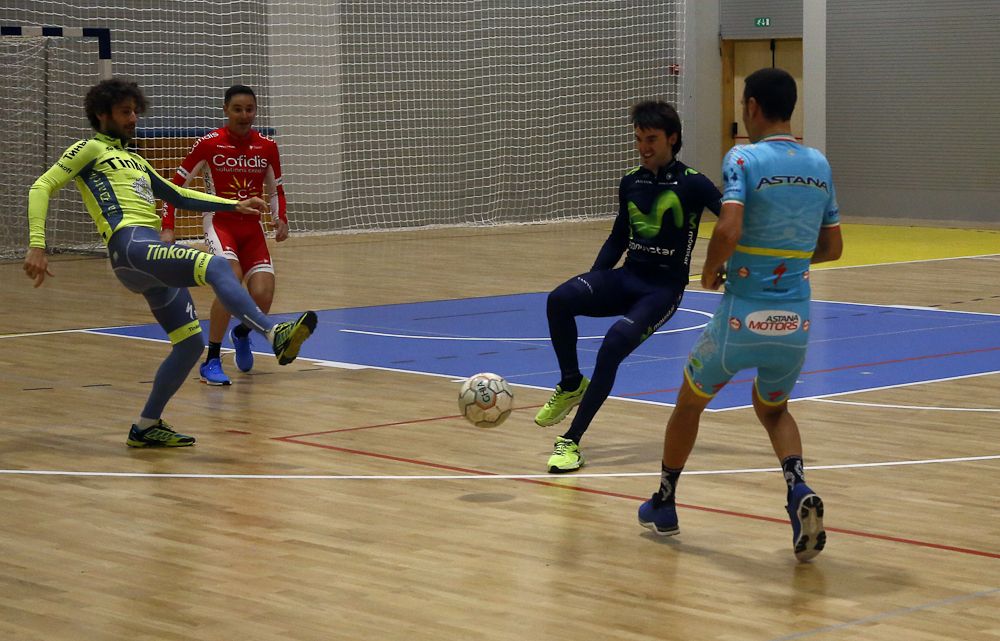 Still wearing their 2017 team kits, riders play a bit of soccer at the Bahrain Merida camp