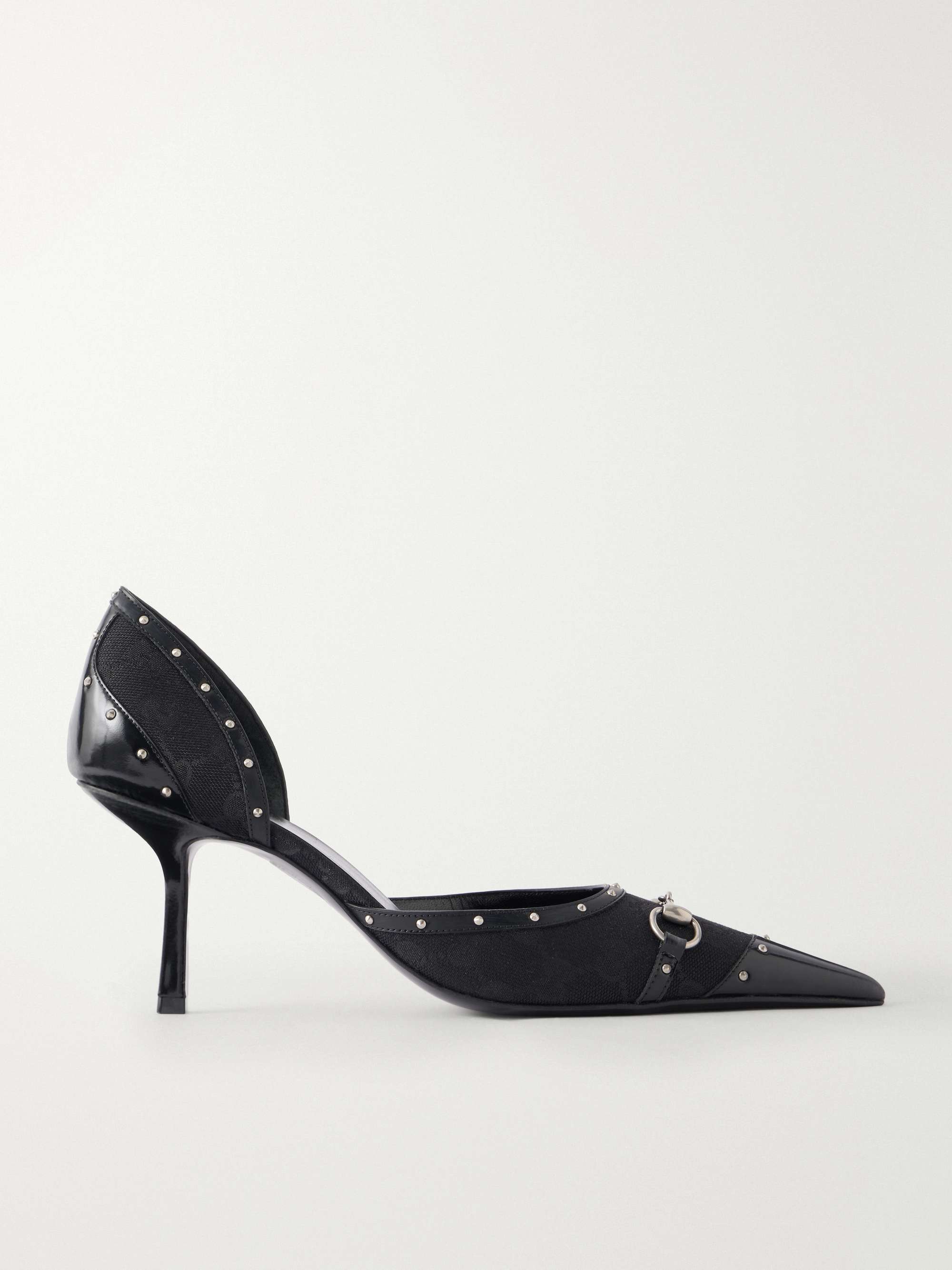 Savoy Horsebit-Embellished Leather-Trimmed Canvas-Jacquard Pumps