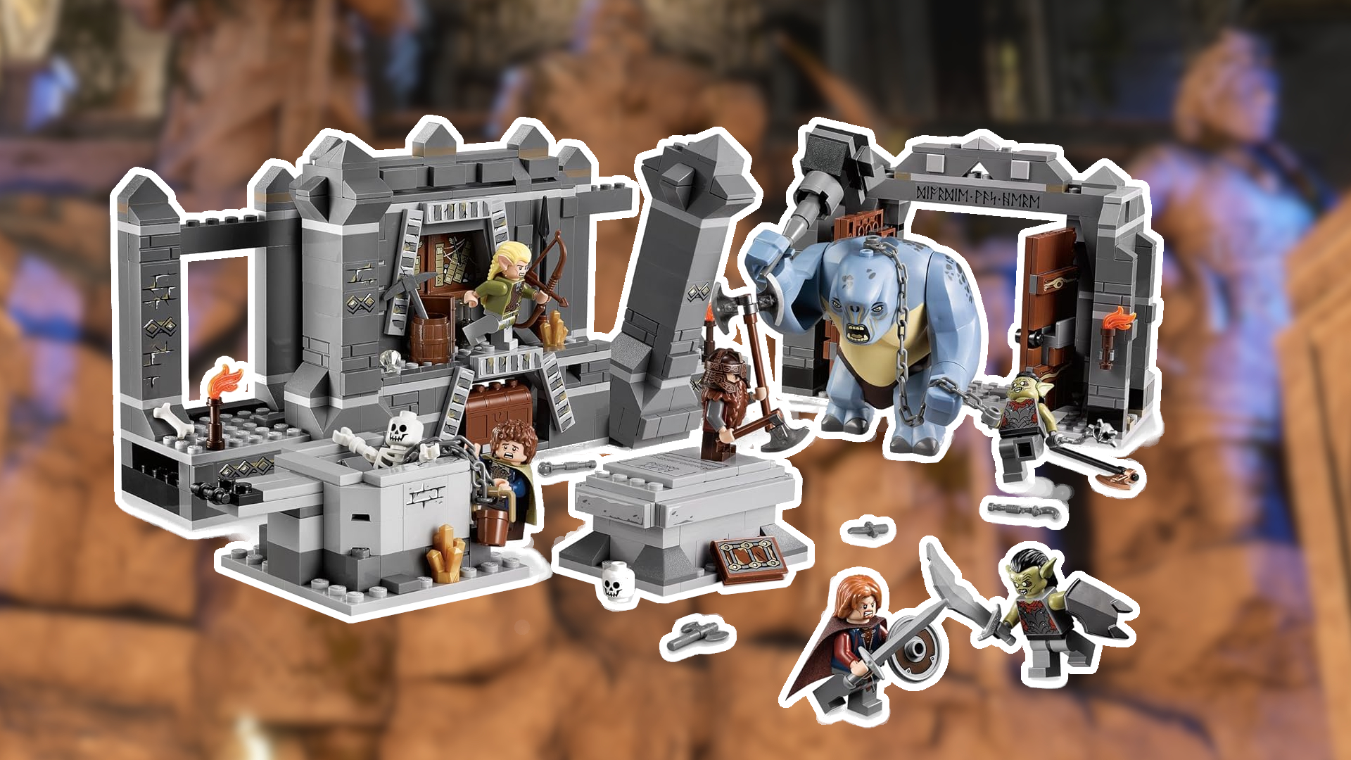 Lego Balin's Tomb set against a screenshot from Return to Moria