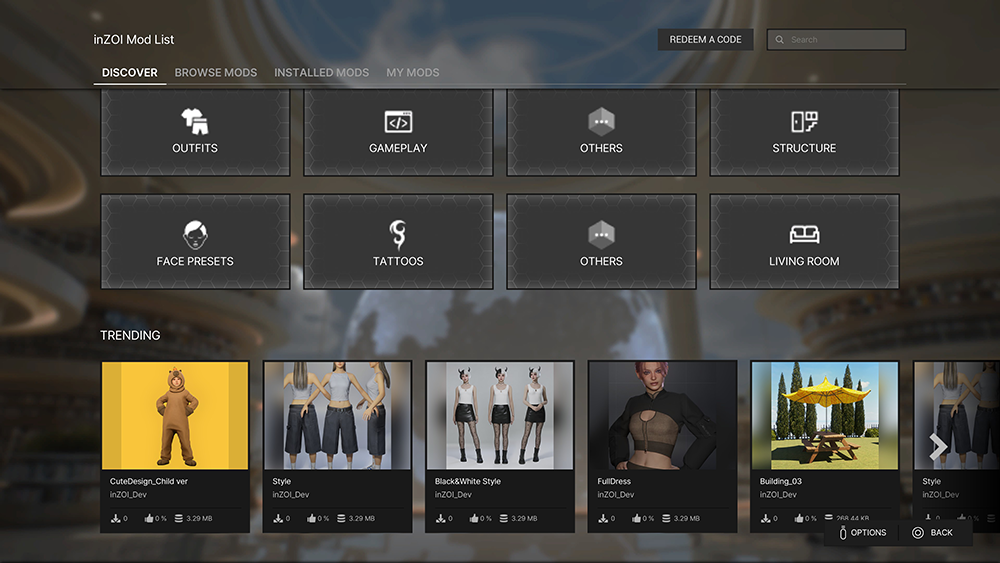 Inzoi's CurseForge interface, showing places players can discover new mods for gameplay, customization, and furniture.