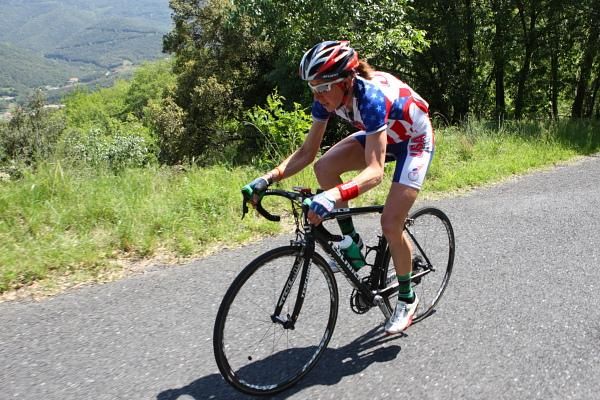 Kath Mattis (United States National Team) climbing solo in pursuit of the leaders.