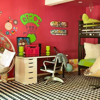 childrens bedroom with study table chair black and white flooring