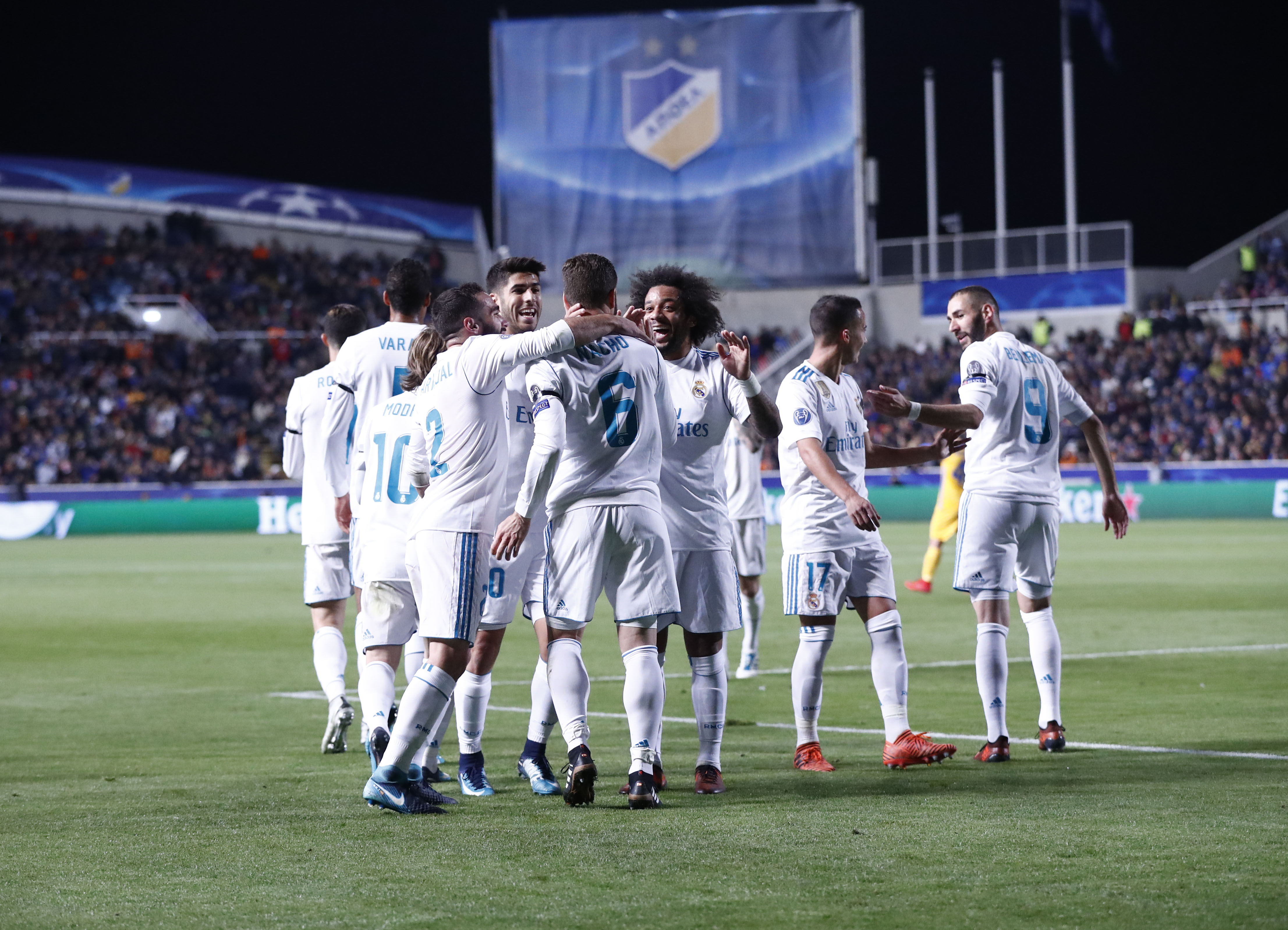 Real Madrid players celebrate a goal against APOEL in the Champions League in November 2017.