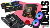 Newgg bundle with CPU, motherboard, memory, and CPU cooler on an abstract background