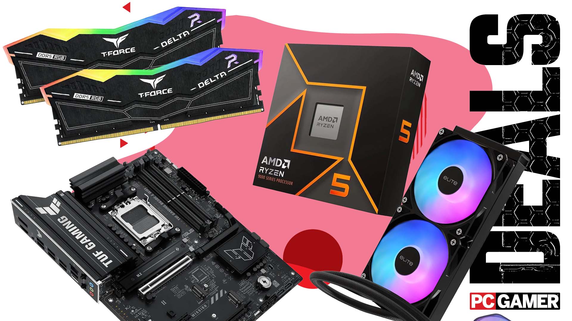 Newgg bundle with CPU, motherboard, memory, and CPU cooler on an abstract background
