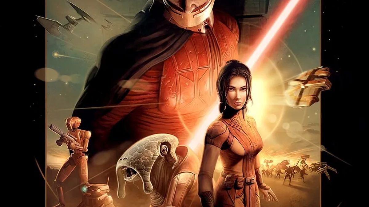 Bastila Shan, HK-47, and the Ebon Hawk from the cover of Knights of the Old Republic