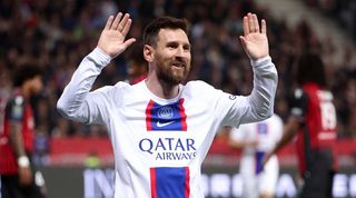Lionel Messi celebrates his goal for PSG against Nice in Ligue 1 in April 2023.