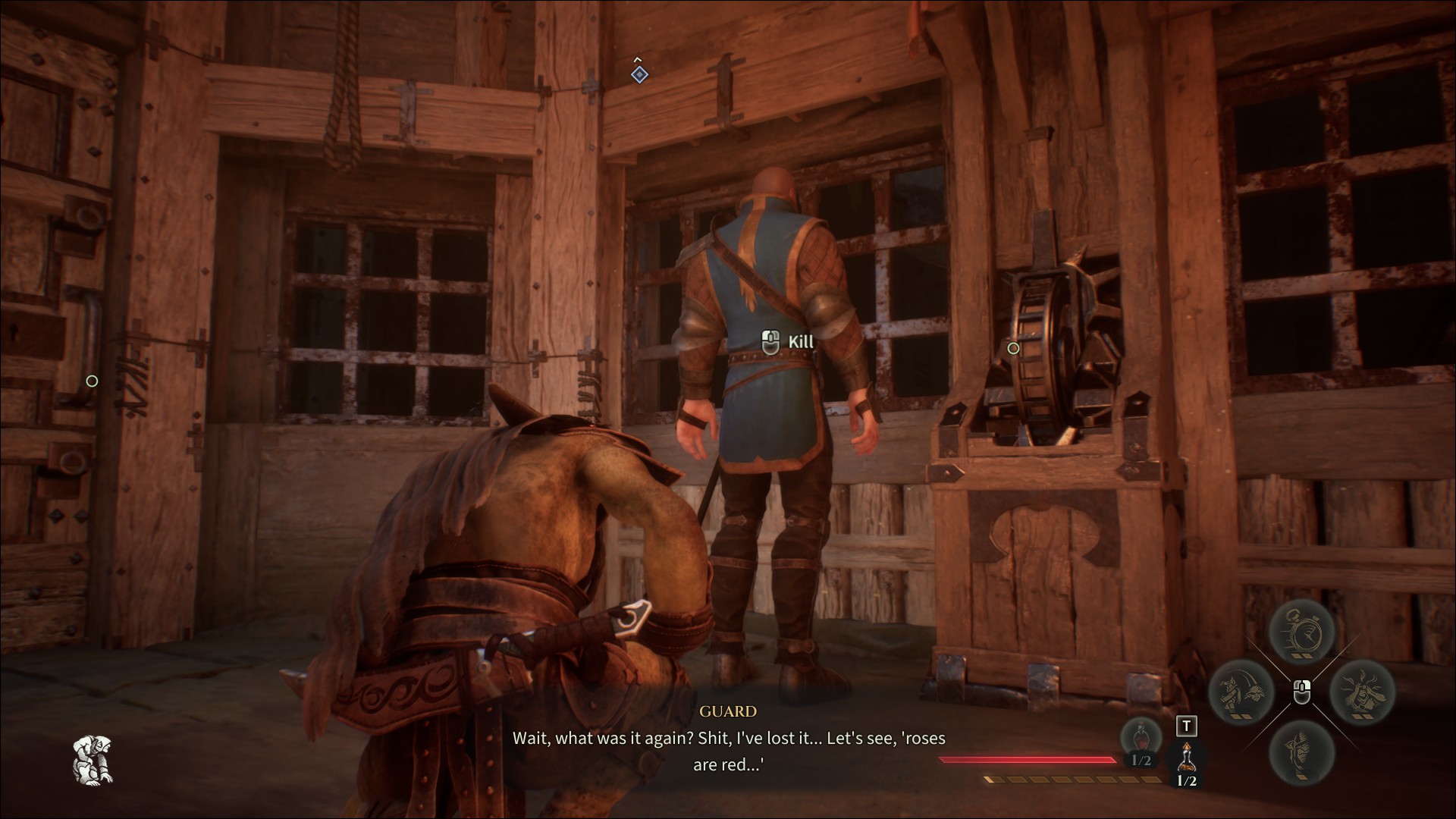 A Styx: Blades of Greed screenshot showing Styx lurking menacing behind an NPC guard.