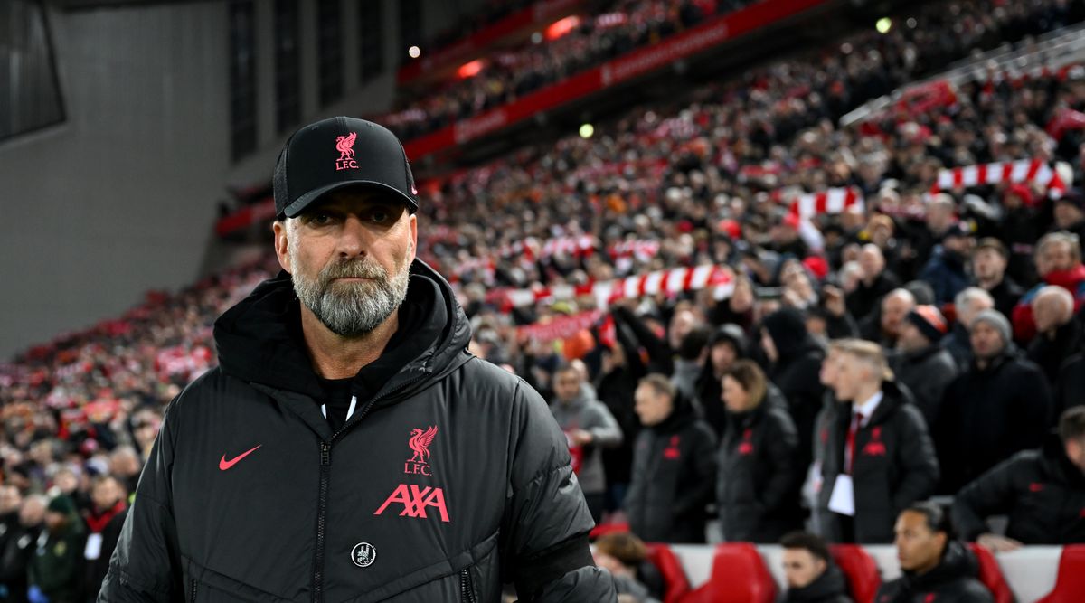 Liverpool manager Jurgen Klopp looks on during the Premier League match between Liverpool and Everton at Anfield in Liverpool, United Kingdom on 13 February, 2023.