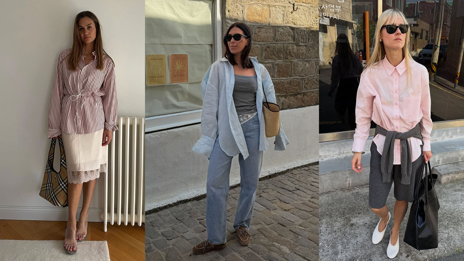 women wearing oversized button-down shirts