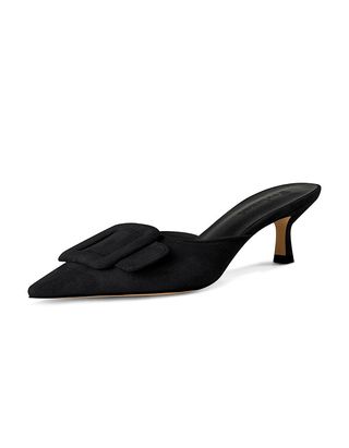 Sandal Fericzot Mule untuk Wanita, Sepatu Pumps Gesper Slingback Ujung Lancip Sepatu Hak Kecil Sandal Geser Tanpa Punggung Hitam 8.5