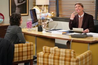 Darlene meeting with Jack McBrayer's candy shop owner in The Conners