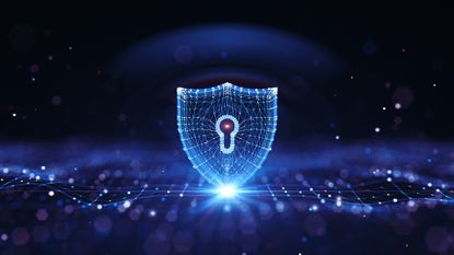 A glowing shield formed from glowing points and lines in an abstract landscape to represent security controls.