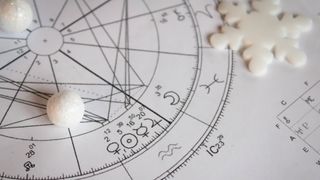 Aquarius season 2023: Detail of printed astrology chart with white small shiny balls and a snowflake sticker in the background; winter concept.