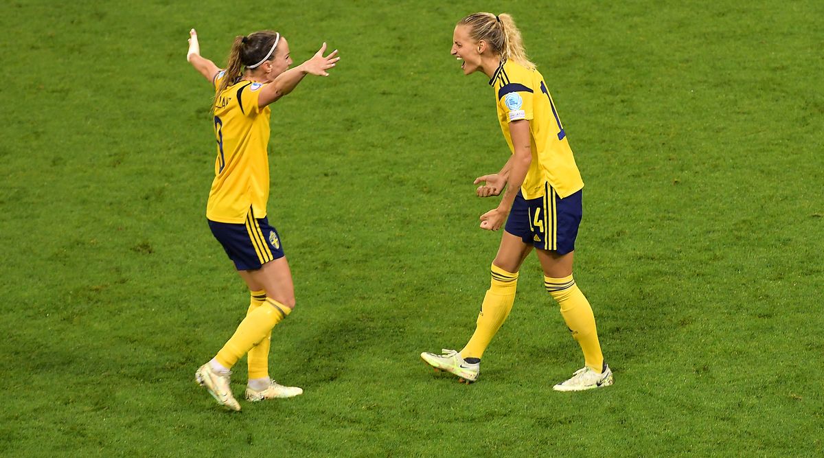 LEIGH, ENGLAND - JULY 22: Nathalie Bjorn celebrates with Kosovare Asllani of Sweden after their sides victory during the UEFA Women&#039;s Euro 2022 Quarter Final match between Sweden and Belgium at Leigh Sports Village on July 22, 2022 in Leigh, England.