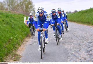 Tom Boonen (QuickStep Floors) looks for the smoothest line during the Flanders recon