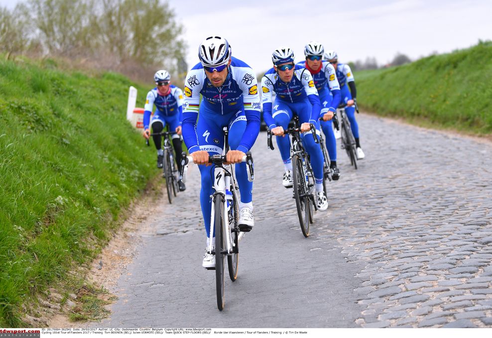 Tom Boonen (QuickStep Floors) looks for the smoothest line during the Flanders recon