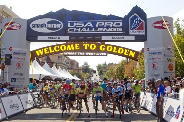 The USA Pro Challenge jersey holders are called up to the stage 6 start line in Golden.