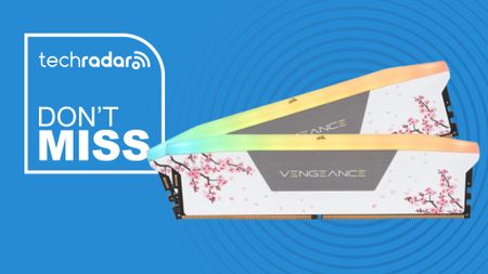 The Corsair Vengeance RGB DDR5 cherry blossom model on a blue background next to a white TechRadar badge in the upper left that reads 'Don't Miss' 