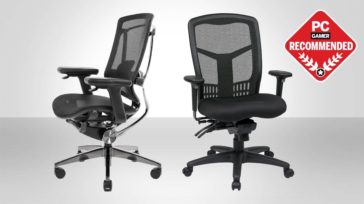 Secretlab NeueChair and Office Star ProGrid gaming chairs on a grey background with PC Gamer recommended logo