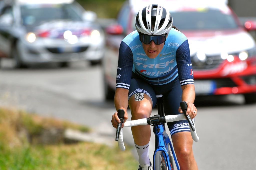 PUEGNAGO DEL GARDA ITALY JULY 08 Lucinda Brand of Netherlands and Team Trek Segafredo in breakaway during the 32nd Giro dItalia Internazionale Femminile 2021 Stage 7 a 1096km stage from Soprazocco di Gavardo to Puegnago Del Garda 219m GiroDonne UCIWWT on July 08 2021 in Puegnago del Garda Italy Photo by Luc ClaessenGetty Images