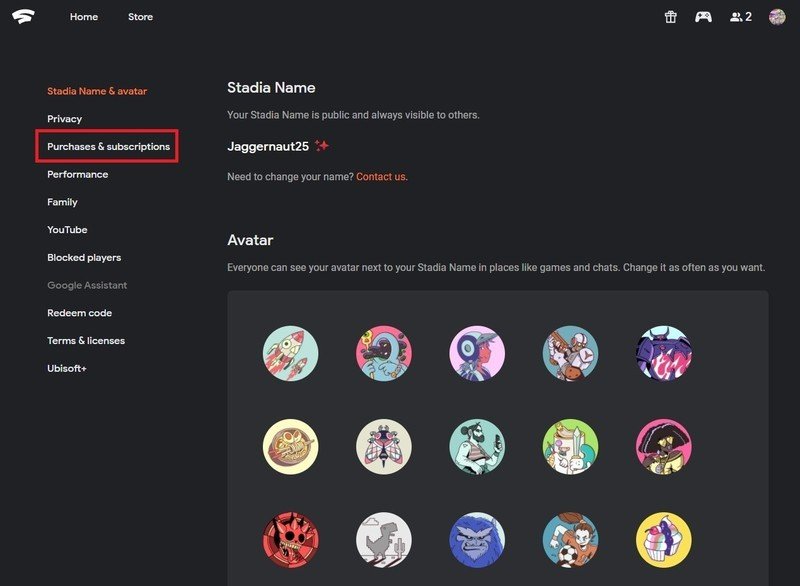 Stadia Account Settings Purchases Subscriptions