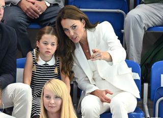 Catherine, Duchess of Cambridge and Princess Charlotte of Cambridge attend the Sandwell Aquatics Centre during the 2022 Commonwealth Games on August 02, 2022 in Birmingham, England