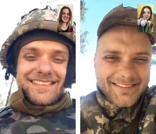 Screenshots of a couple on FaceTime, with the man in army uniform