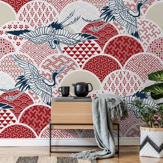 An oriental inspired wall mural in red, black and white