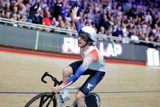 Mark Stewart celebrating at the UCI Track Champions League