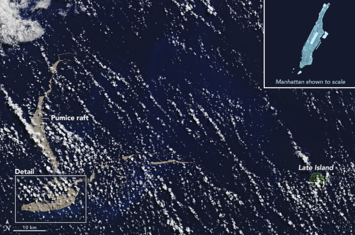 On Aug. 13, the Landsat 8&#039;s Operational Land Imager captured a photo of a large pumice raft that was formed by an underwater volcano. 