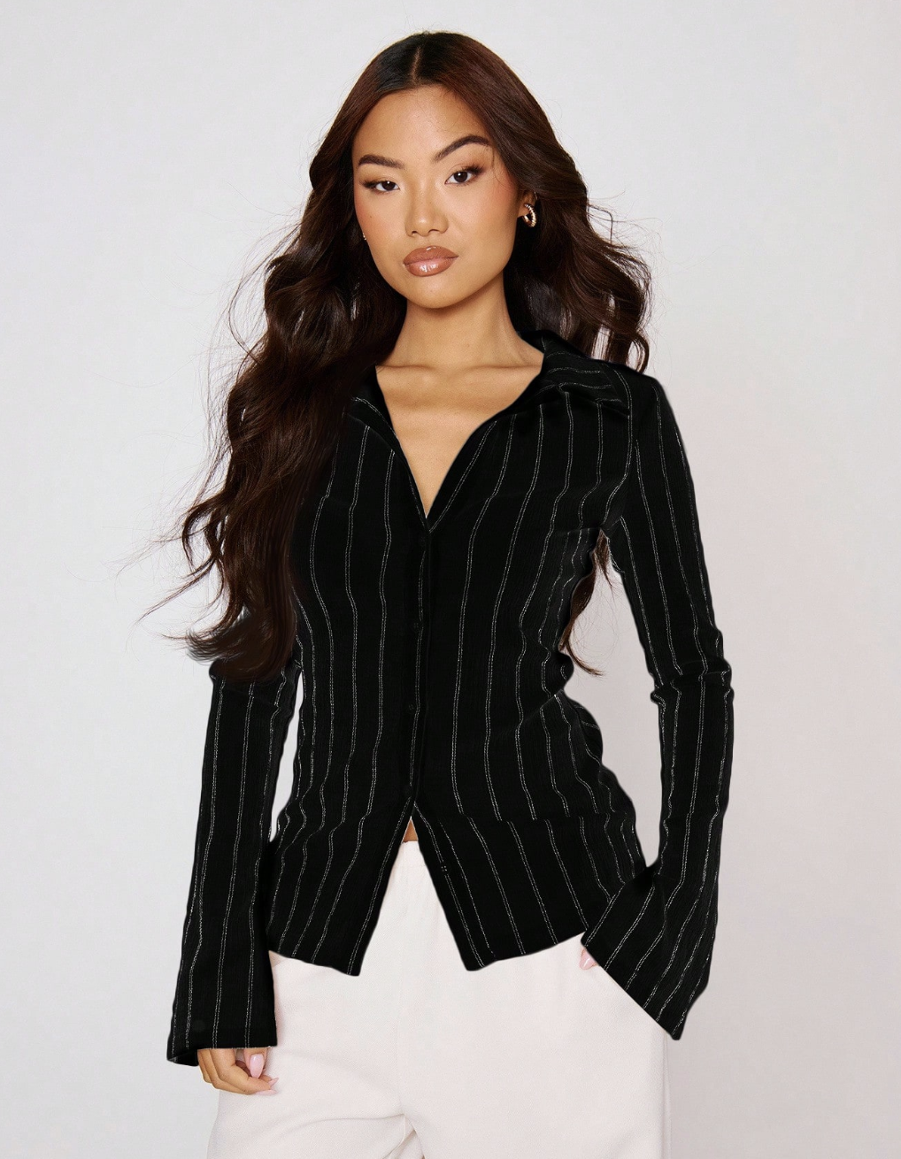 Musera, Fitted Stripe Flare Long Sleeve Button Up Shirt