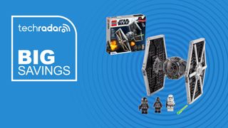 LEGO TIE Fighter on blue background with big savings text overlay