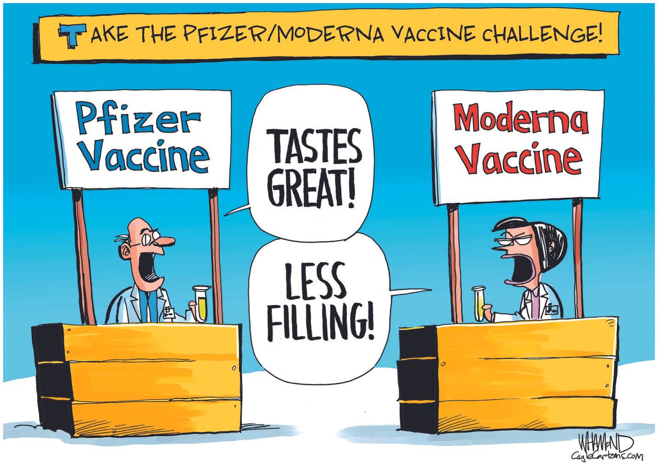 Editorial Cartoon U.S. Coronavirus Vaccines Pfizer Moderna