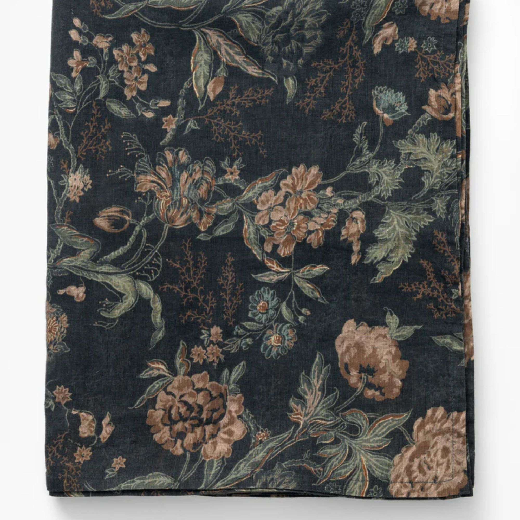 Black tablecloth with green and brown floral design