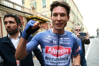 Alpecin-Deceuninck's Belgian rider Jasper Philipsen celebrates after winning the 115th Milan-SanRemo one-day classic cycling race, between Pavia and SanRemo, on March 16, 2024. (Photo by Marco BERTORELLO / AFP)