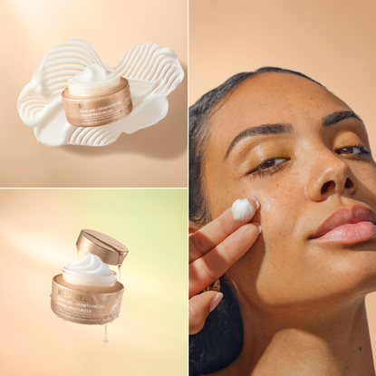 a woman with tan skin applying a white cream to her cheek