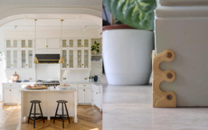 A split screen with an image of a white kitchen with brass accents and a baseboard with a brass skiffer