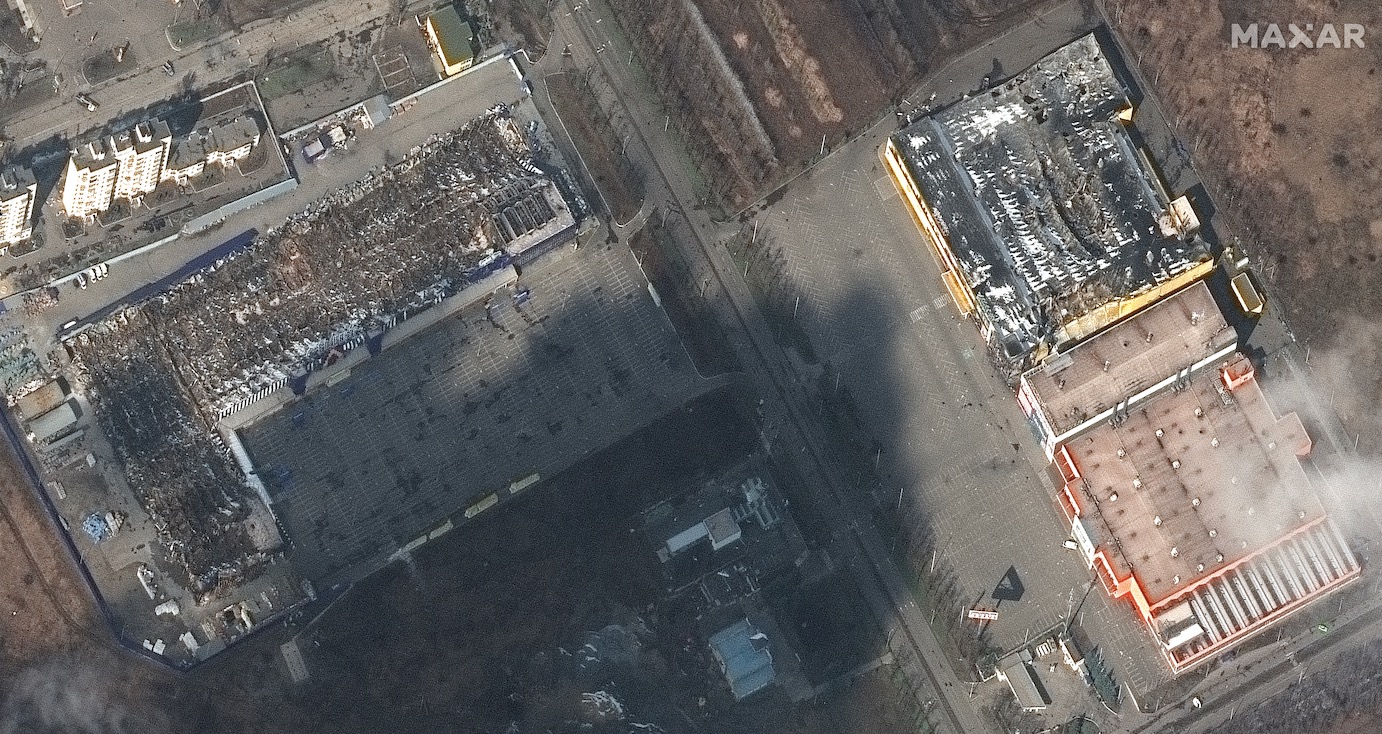 Maxar Technologies' WorldView-3 satellite captured this photo of destroyed grocery stores and shopping malls in Mariupol, Ukraine, on March 9, 2022.