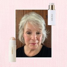 an older woman with highlighted skin on a pink background next to two sticks of highlighter