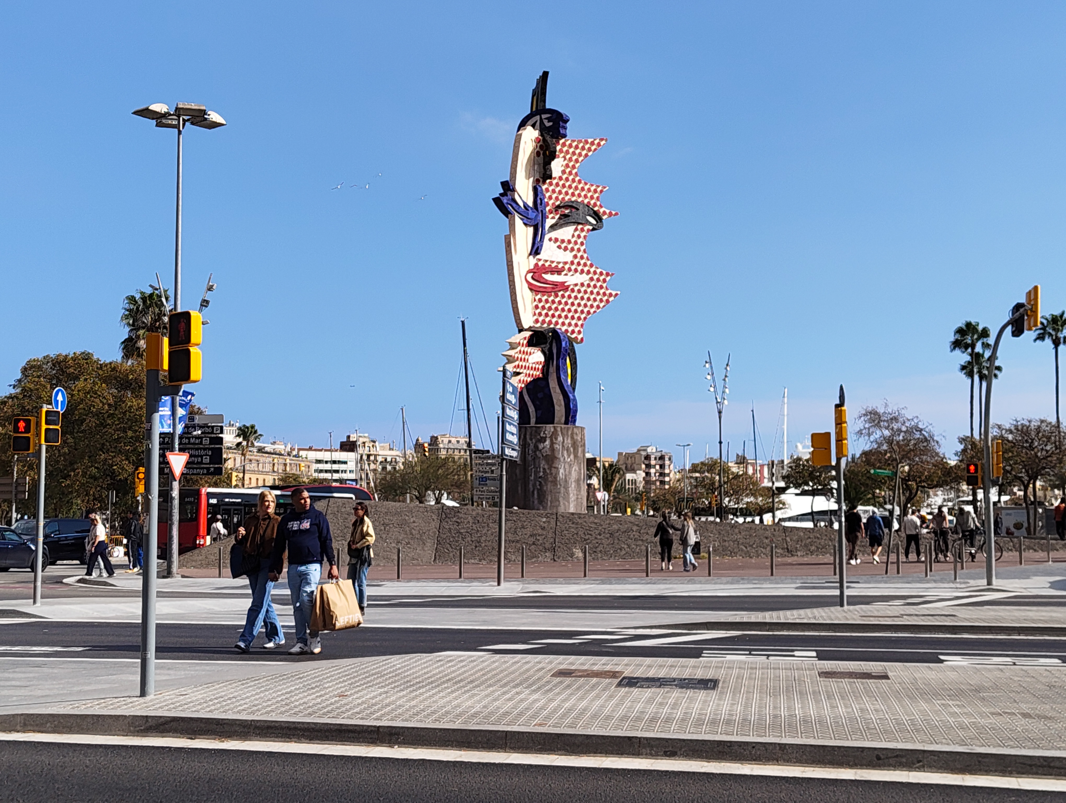 Colorful sculpture at a Barcelona roundabout with a clear blue sky behind it, photographed with the Nothing Phone (4a).