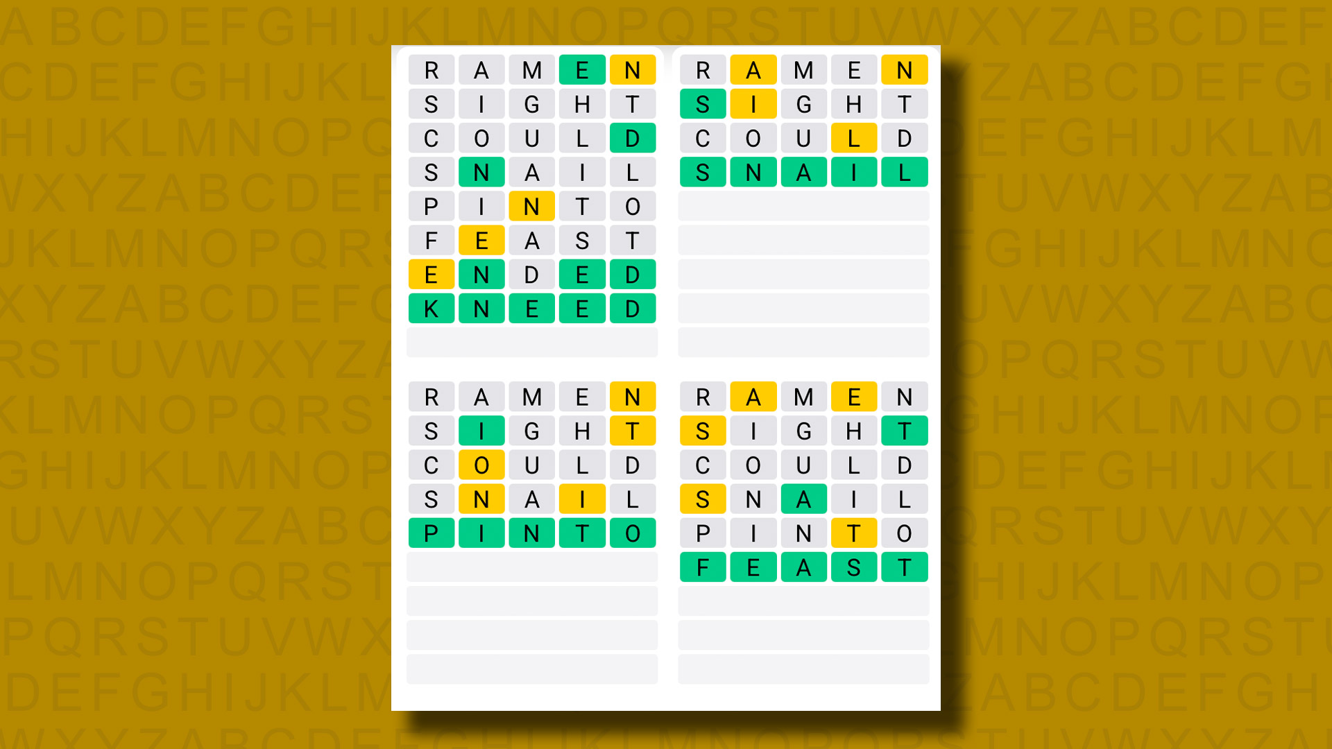 Quordle answers for game 1274 on a yellow background
