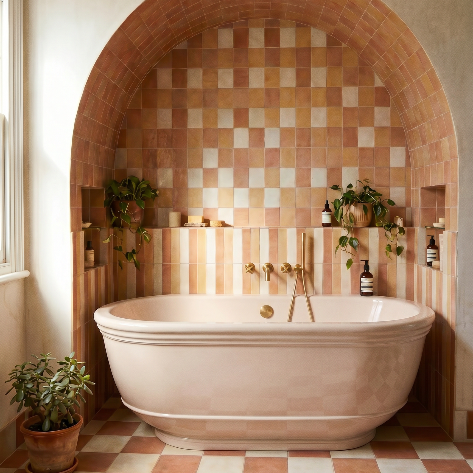 Peach bath in peach tiled alcove with gold metal finishes.