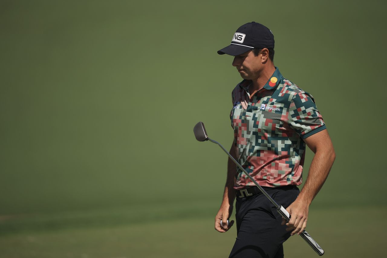 Viktor Hovland walks on the eighth green during the first round of the 2026 Masters Tournament at Augusta National Golf Club