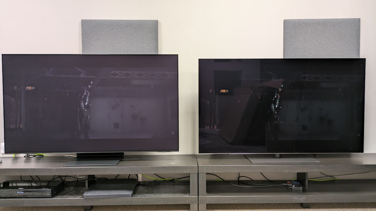 Samsung S95F (left) and LG G5 (right) displaying subway scene from The Batman, both TVs in Filmmaker mode with default settings