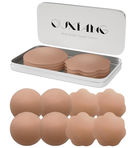 Quxiang 4 Pairs Pasties Women Nipple Covers Reusable Adhesive Silicone Nippleless Covers Bra for Dress Coffee (2 Round+2 Flower)