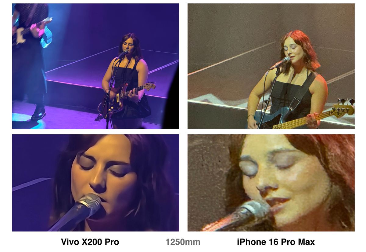 A comparison of Vivo X200 Pro and iPhone 16 Pro pictures shot at an event from a distance. The iPhone looks much grainier, but the Vivo X200 Pro's picture is also significantly more smoothed out.