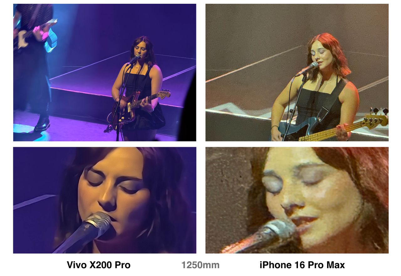 A comparison of Vivo X200 Pro and iPhone 16 Pro pictures shot at an event from a distance. The iPhone looks much grainier, but the Vivo X200 Pro's picture is also significantly more smoothed out.