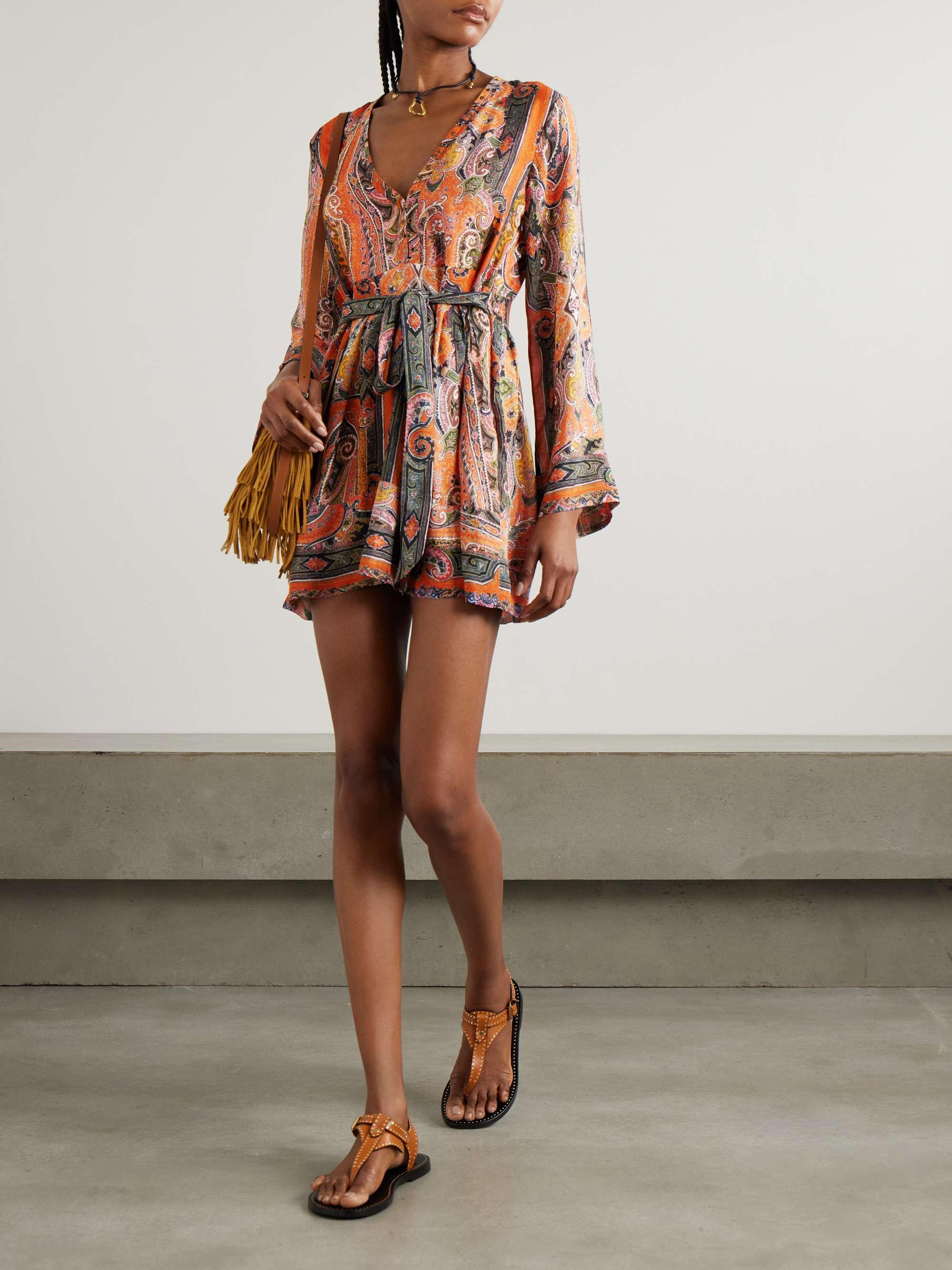 Morgane Belted Eyelet-Embellished Paisley-Print Silk-Chiffon Mini Dress