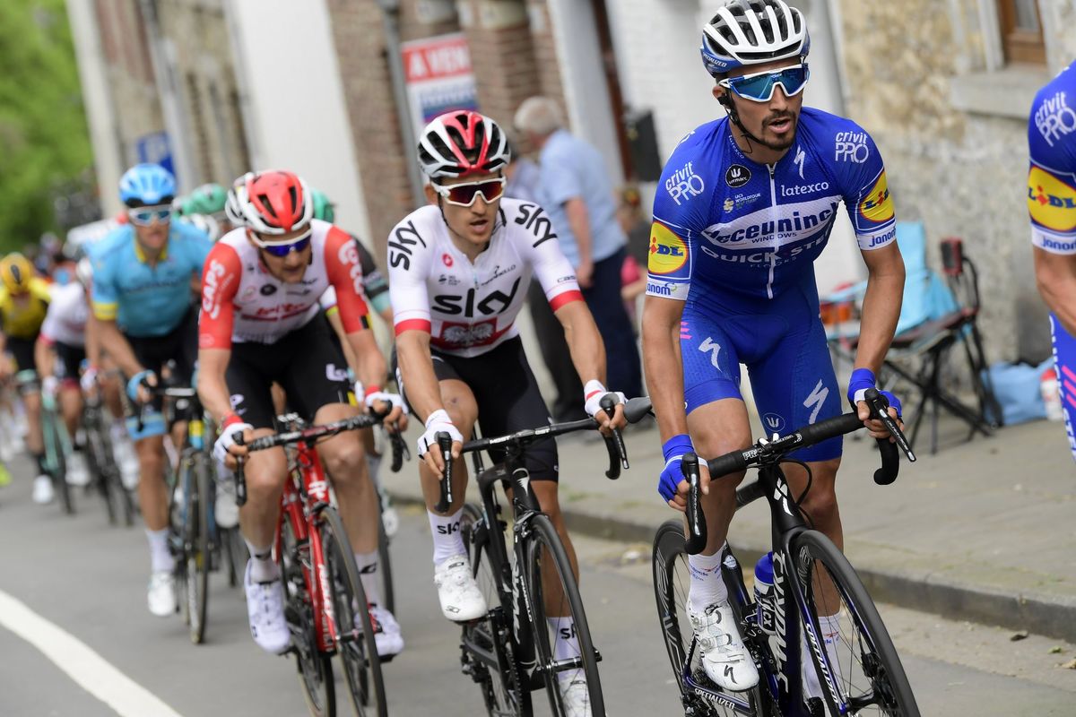 Julian Alaphilippe (Deceuninck-QuickStep) leads Michal Kwiatkowski at Fleche Wallonne.